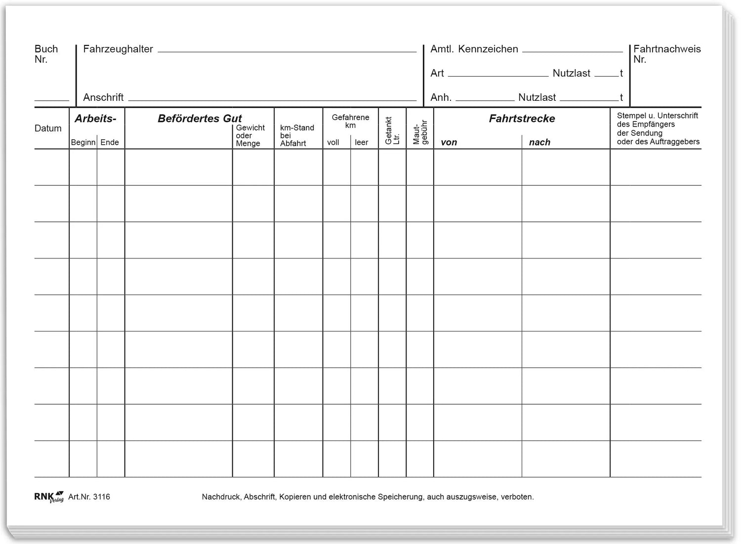 Fahrtenbuch für LKW, Nachweis über Fahrtstrecke, A5 quer, Block, 2x25 Blatt, SD