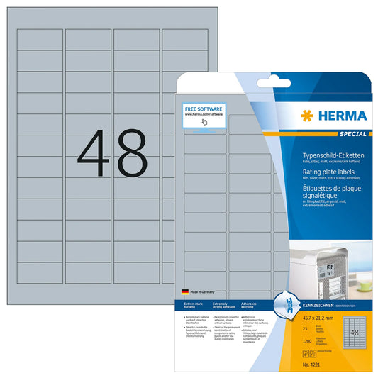 1.200 HERMA Typenschildetiketten 4221 silber