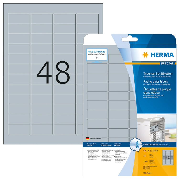 1.200 HERMA Typenschildetiketten 4221 silber