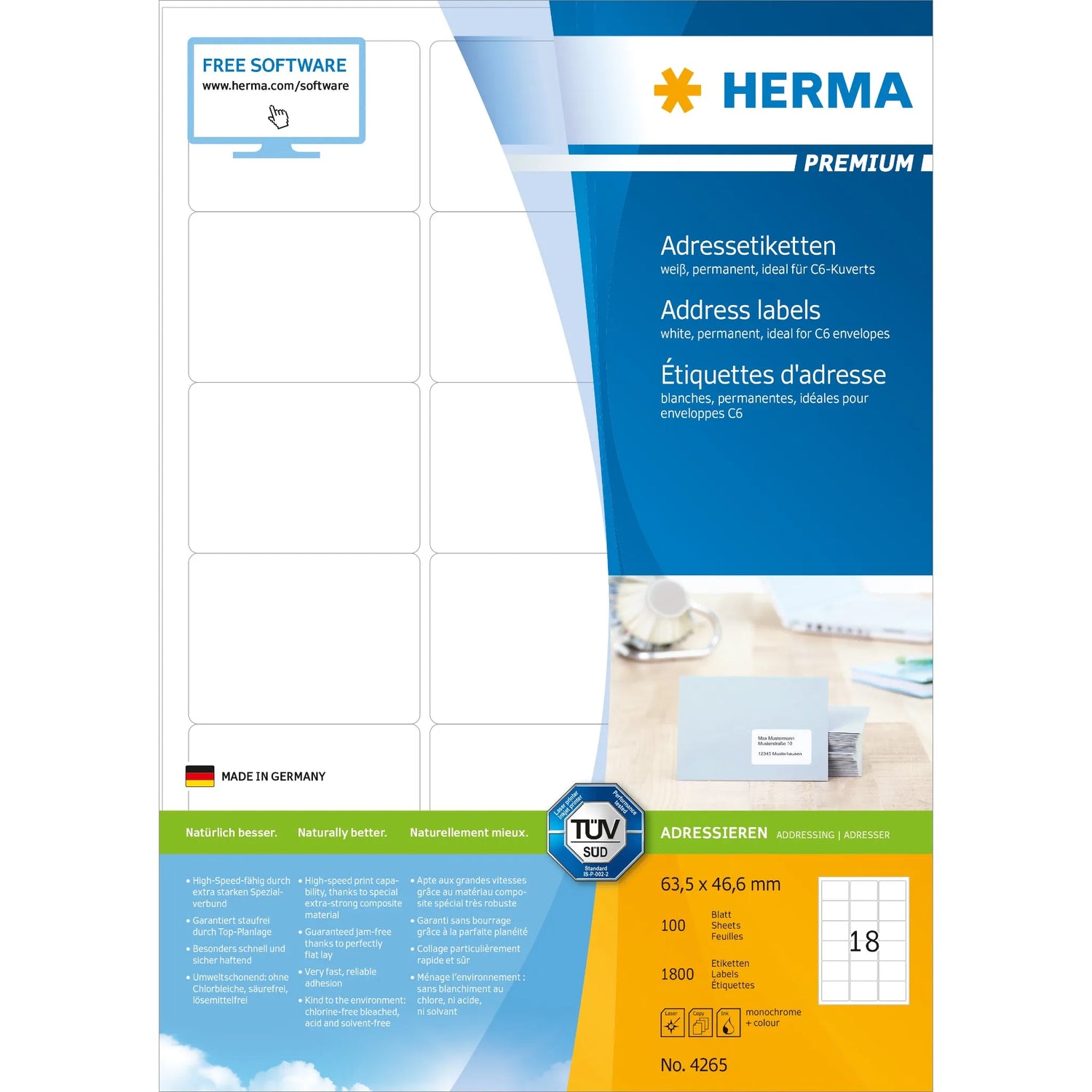 1.800 HERMA Adressetiketten 4265 weiß