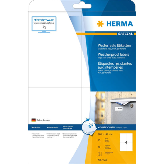 40 HERMA wetterfeste Folienetiketten 4598 weiß 105,0 x 148,0 mm