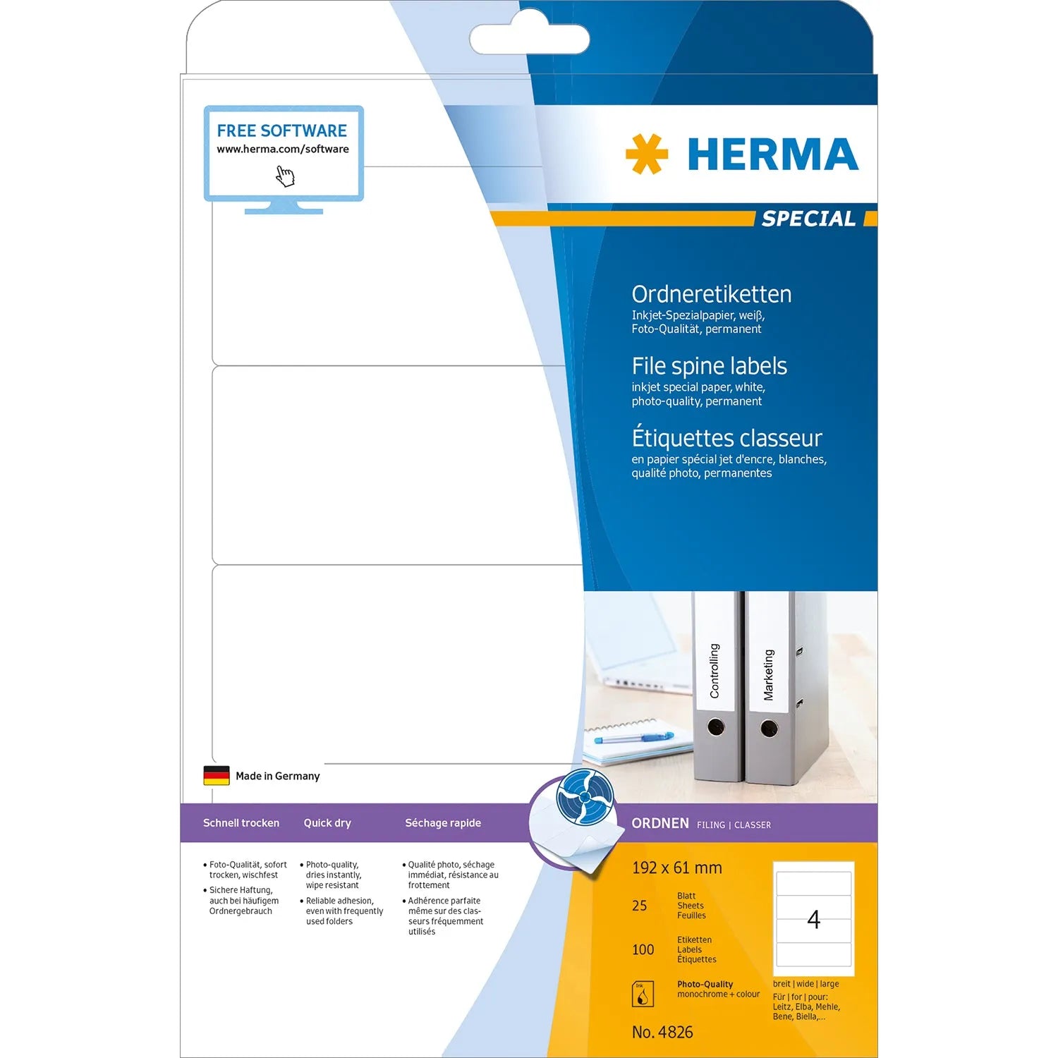 100 HERMA Ordneretiketten 4826 weiß für 7,0 - 8,0 cm Rückenbreite