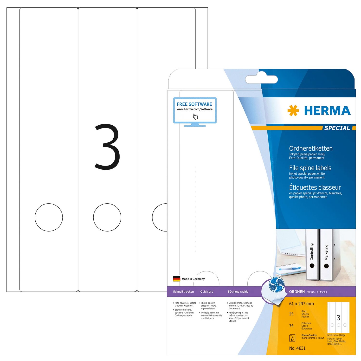 75 HERMA Ordneretiketten 4831 weiß für 7,0 - 8,0 cm Rückenbreite