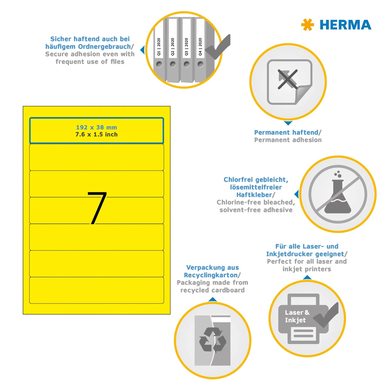140 HERMA Ordneretiketten 5091 gelb für 4,0 - 5,0 cm Rückenbreite