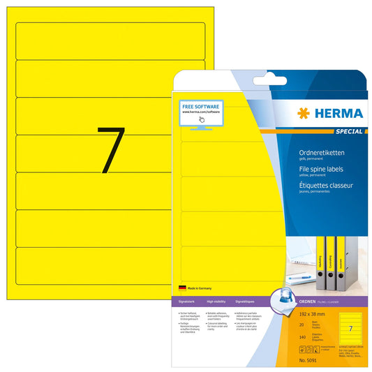 140 HERMA Ordneretiketten 5091 gelb für 4,0 - 5,0 cm Rückenbreite