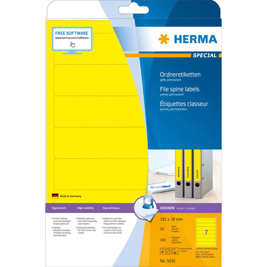 140 HERMA Ordneretiketten 5091 gelb für 4,0 - 5,0 cm Rückenbreite