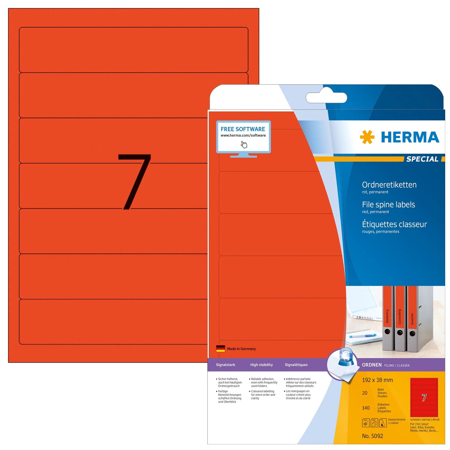 140 HERMA Ordneretiketten 5092 rot für 4,0 - 5,0 cm Rückenbreite