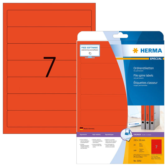140 HERMA Ordneretiketten 5092 rot für 4,0 - 5,0 cm Rückenbreite