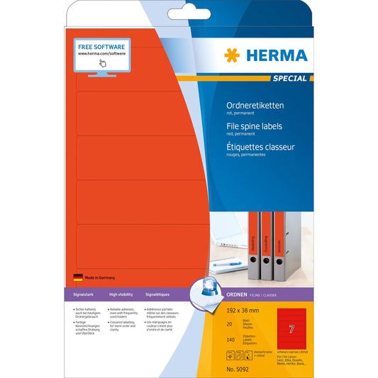 140 HERMA Ordneretiketten 5092 rot für 4,0 - 5,0 cm Rückenbreite