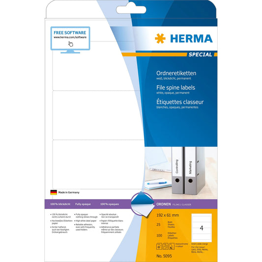 100 HERMA Ordneretiketten 5095 weiß für 7,0 - 8,0 cm Rückenbreite