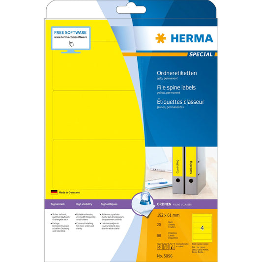 80 HERMA Ordneretiketten 5096 gelb für 7,0 - 8,0 cm Rückenbreite