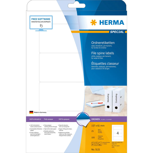 100 HERMA Ordneretiketten 5121 weiß für 7,0 - 8,0 cm Rückenbreite