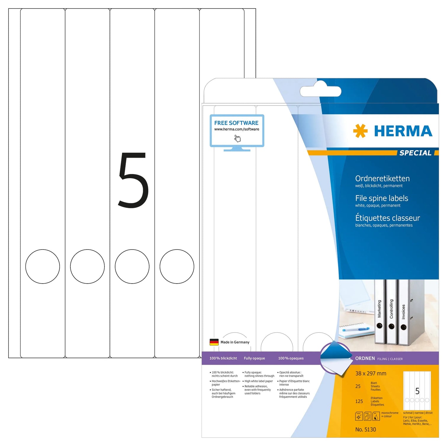 125 HERMA Ordneretiketten 5130 weiß für 4,0 - 5,0 cm Rückenbreite