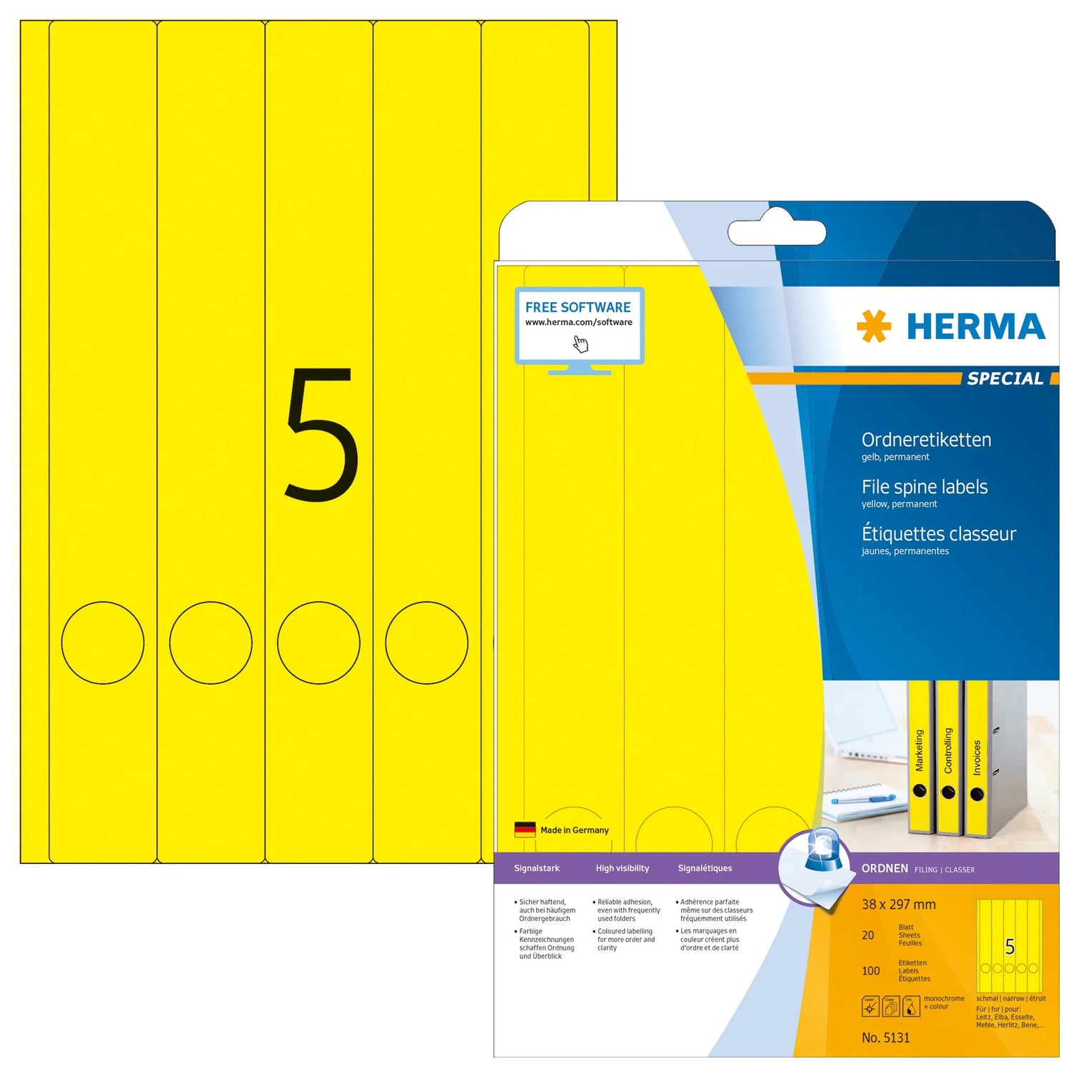 100 HERMA Ordneretiketten 5131 gelb für 4,0 - 5,0 cm Rückenbreite