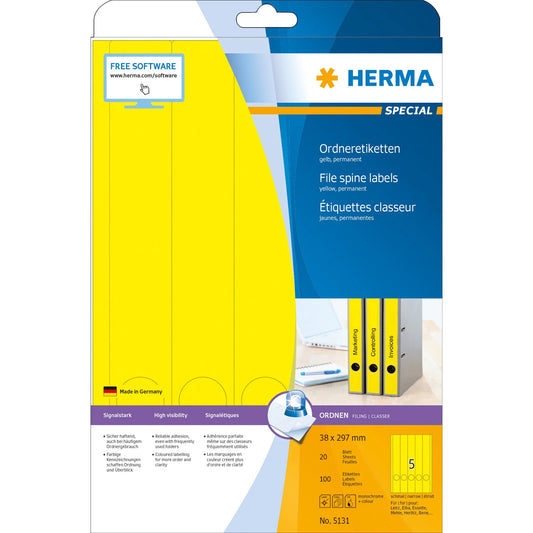 100 HERMA Ordneretiketten 5131 gelb für 4,0 - 5,0 cm Rückenbreite