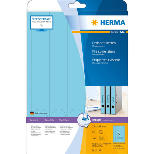 100 HERMA Ordneretiketten 5133 blau für 4,0 - 5,0 cm Rückenbreite