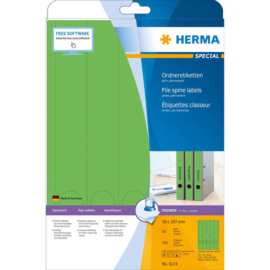 100 HERMA Ordneretiketten 5134 grün für 4,0 - 5,0 cm Rückenbreite