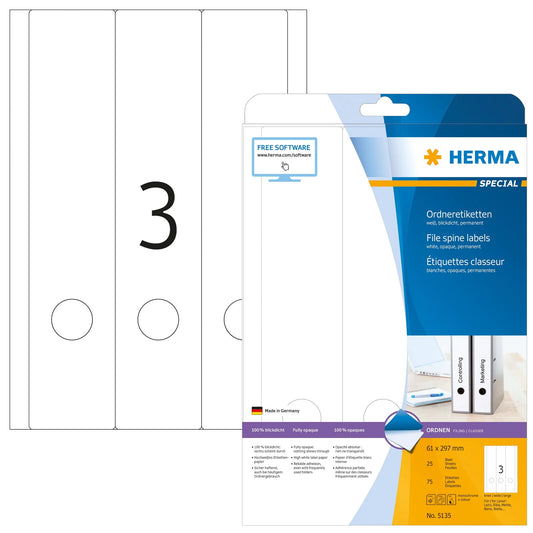 75 HERMA Ordneretiketten 5135 weiß für 7,0 - 8,0 cm Rückenbreite