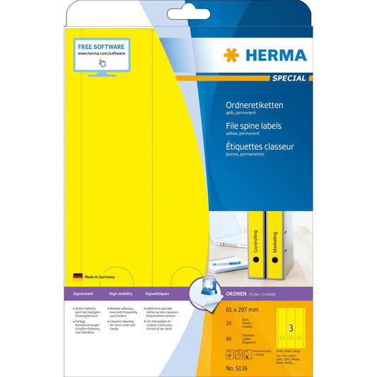 60 HERMA Ordneretiketten 5136 gelb für 7,0 - 8,0 cm Rückenbreite