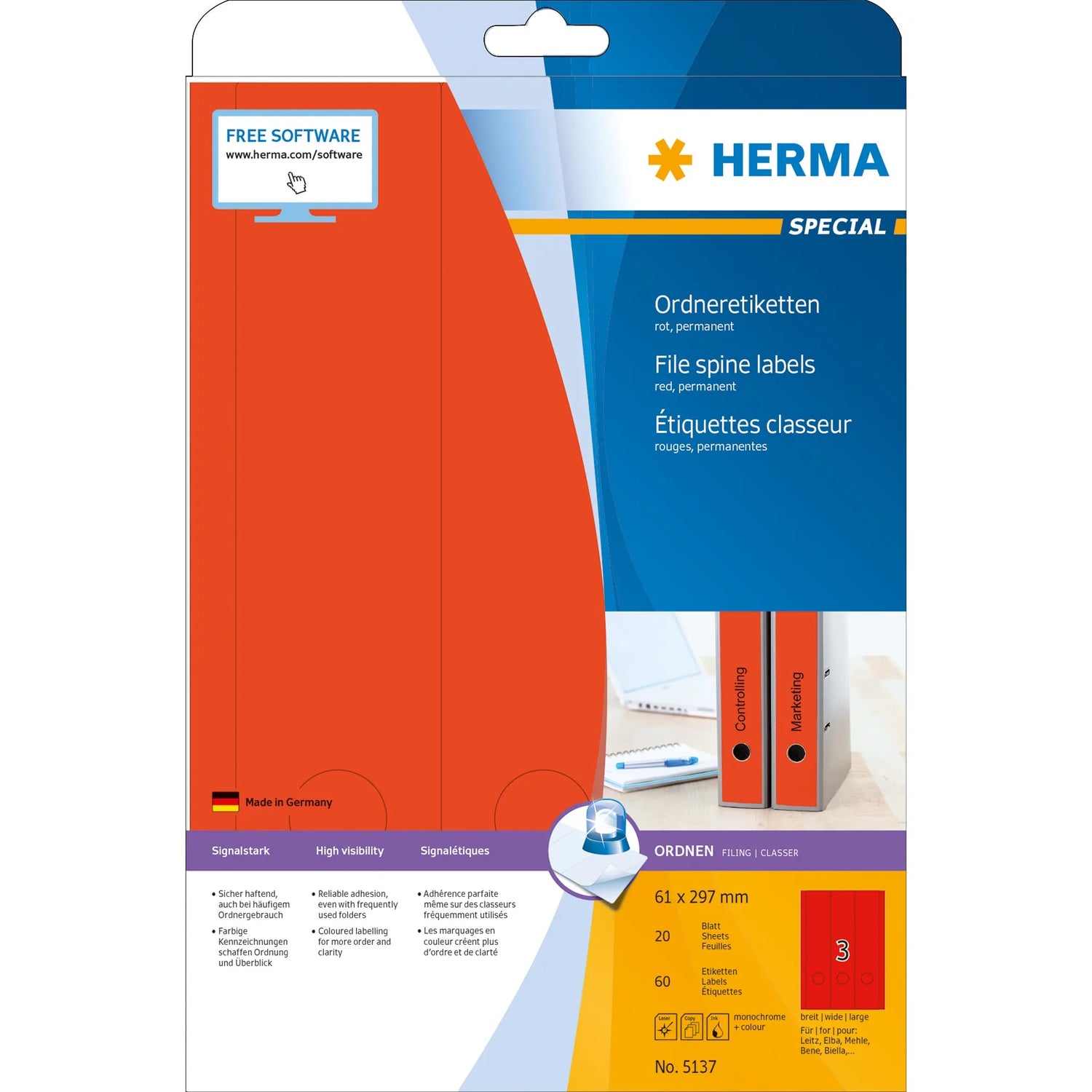 60 HERMA Ordneretiketten 5137 rot für 7,0 - 8,0 cm Rückenbreite