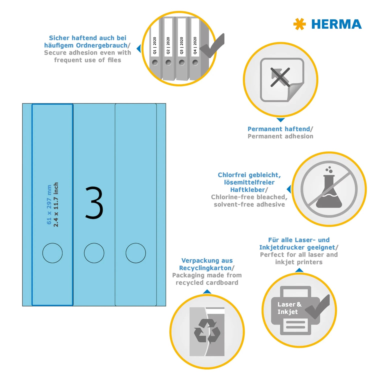60 HERMA Ordneretiketten 5138 blau für 7,0 - 8,0 cm Rückenbreite