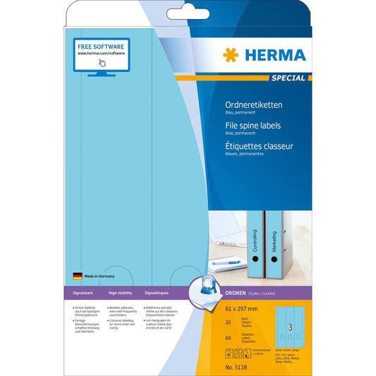60 HERMA Ordneretiketten 5138 blau für 7,0 - 8,0 cm Rückenbreite