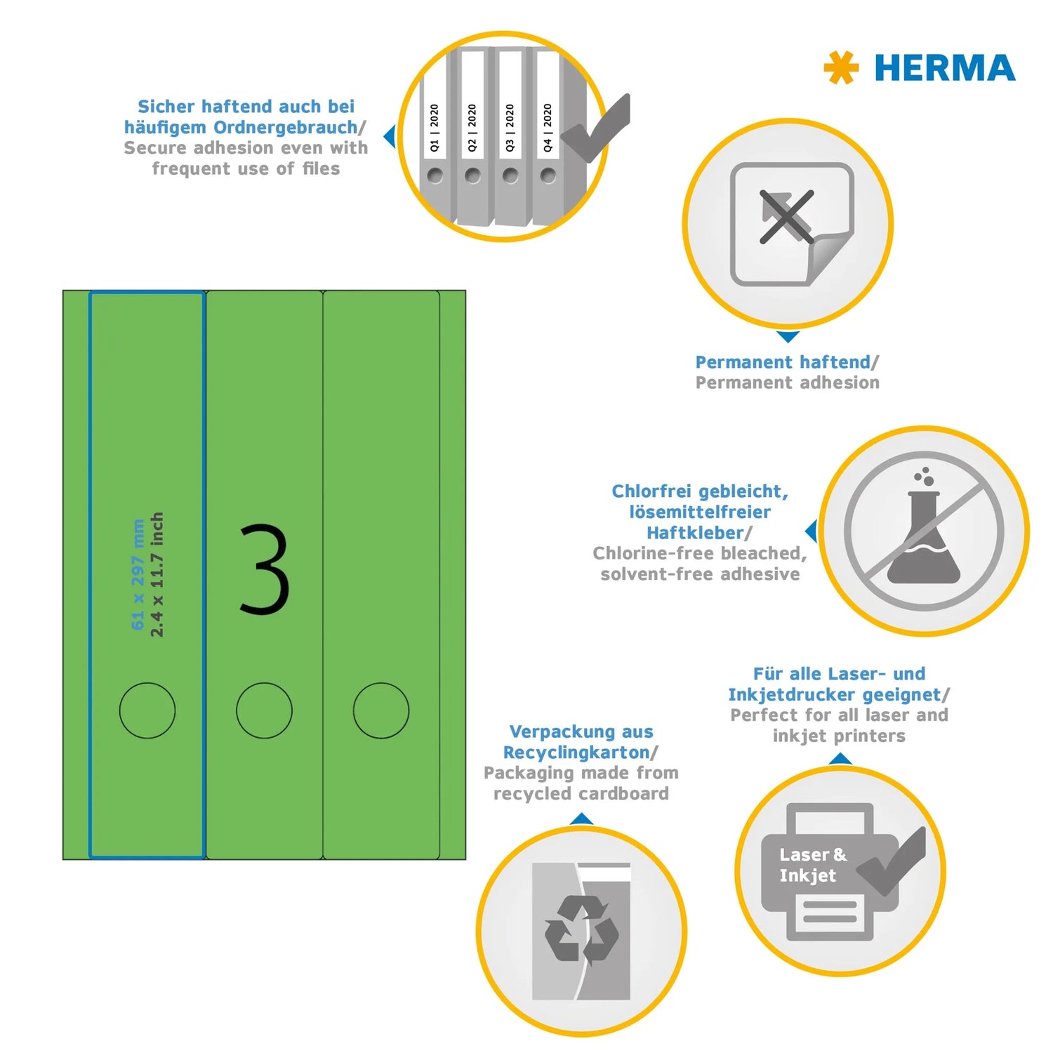 60 HERMA Ordneretiketten 5139 grün für 7,0 - 8,0 cm Rückenbreite