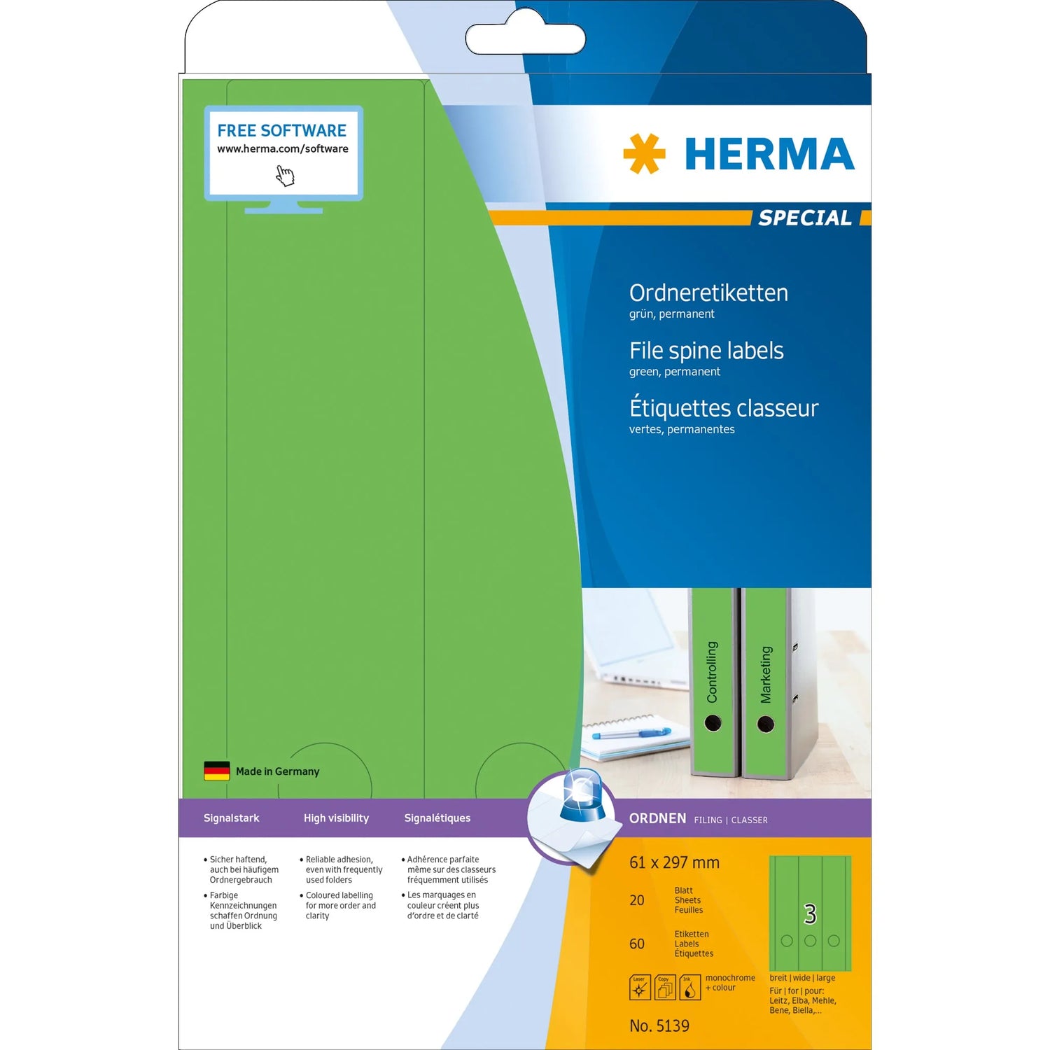 60 HERMA Ordneretiketten 5139 grün für 7,0 - 8,0 cm Rückenbreite