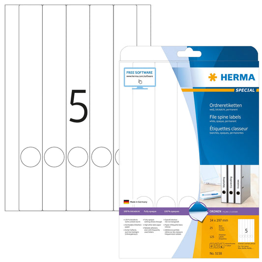 125 HERMA Ordneretiketten 5158 weiß für 4,0 - 5,0 cm Rückenbreite