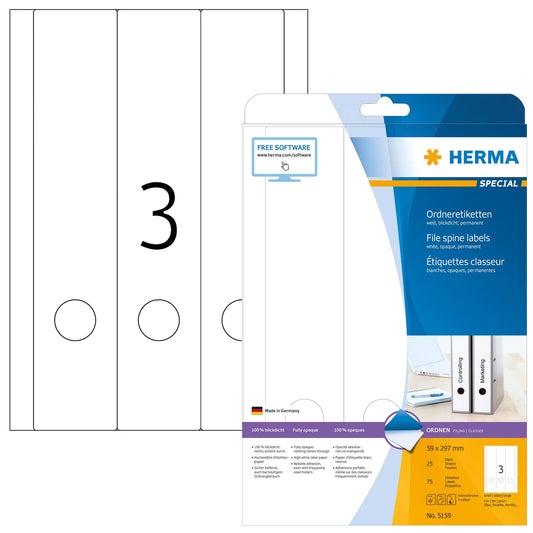 75 HERMA Ordneretiketten 5159 weiß für 7,0 - 8,0 cm Rückenbreite