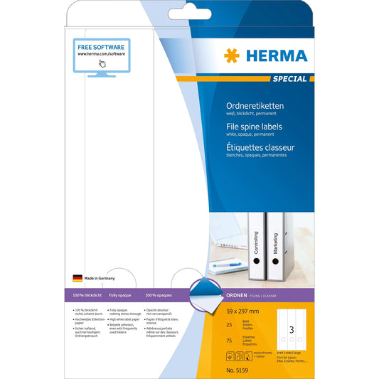 75 HERMA Ordneretiketten 5159 weiß für 7,0 - 8,0 cm Rückenbreite
