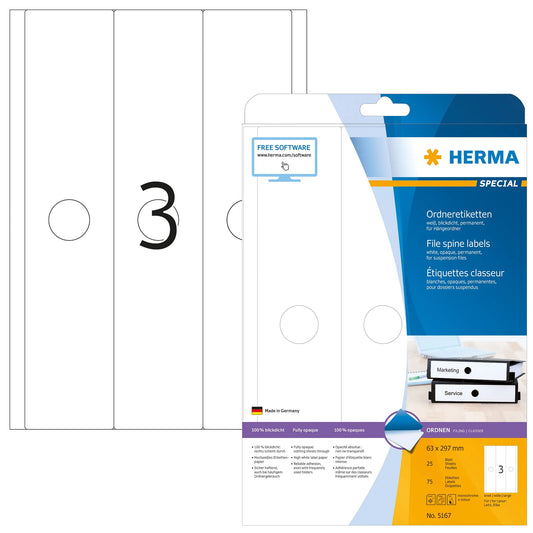 75 HERMA Hängeordneretiketten 5167 weiß für 7,0 - 8,0 cm Rückenbreite