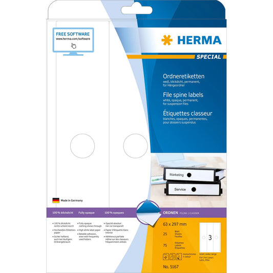 75 HERMA Hängeordneretiketten 5167 weiß für 7,0 - 8,0 cm Rückenbreite