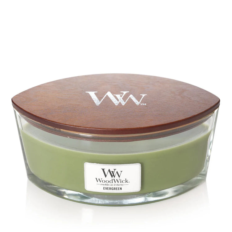 WoodWick Kerze Evergreen Ellipse mit knisterndem Docht, bis zu 50 Std Brenndauer