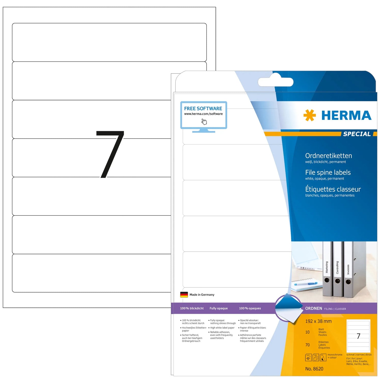 70 HERMA Ordneretiketten 8620 weiß für 4,0 - 5,0 cm Rückenbreite