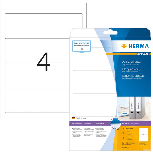 40 HERMA Ordneretiketten 8621 weiß für 7,0 - 8,0 cm Rückenbreite