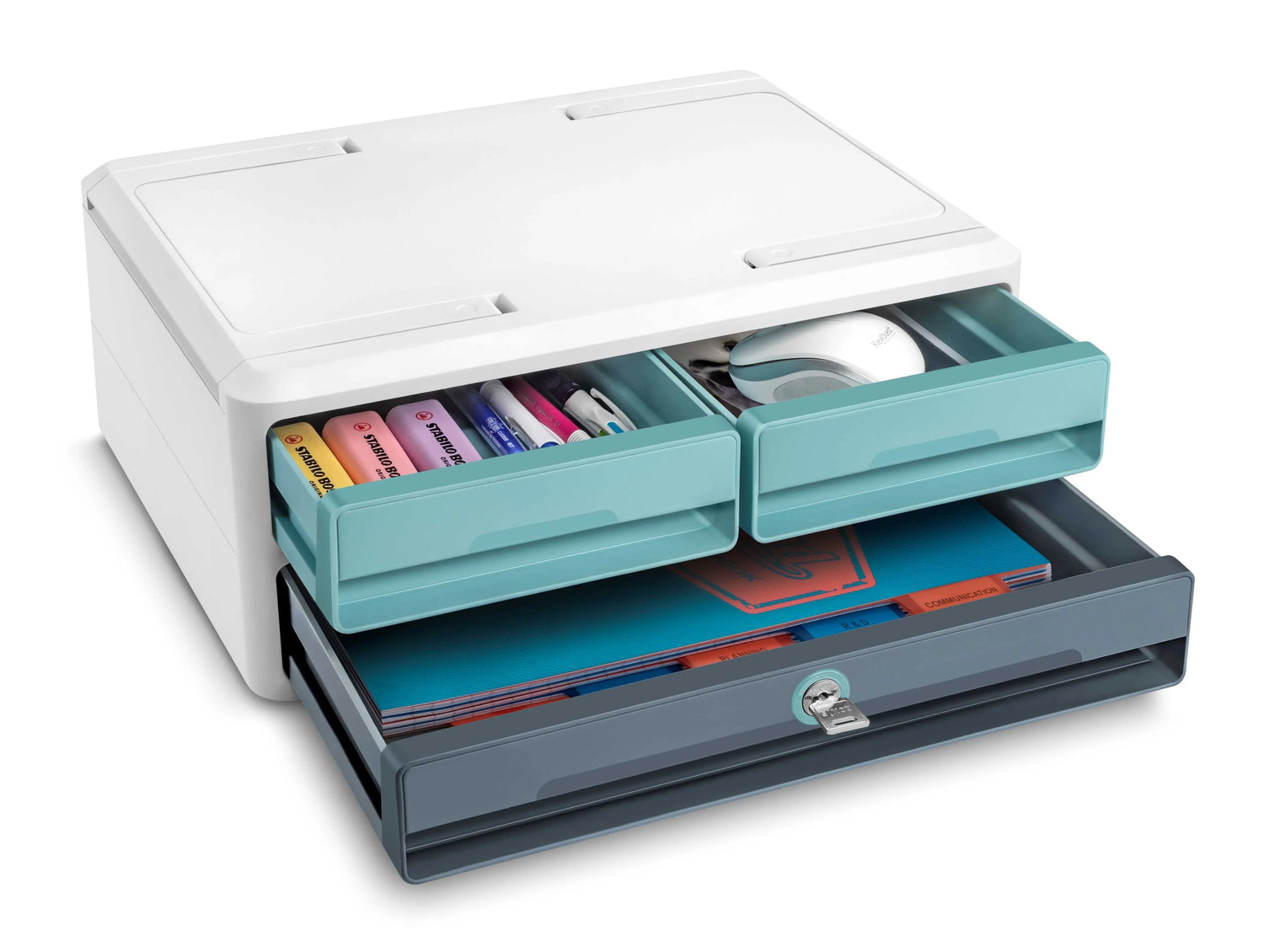 cep Schubladenbox MoovUp mit Schloss mint, grau 1091212961, DIN A4 quer, DIN A5 quer mit 3 Schubladen