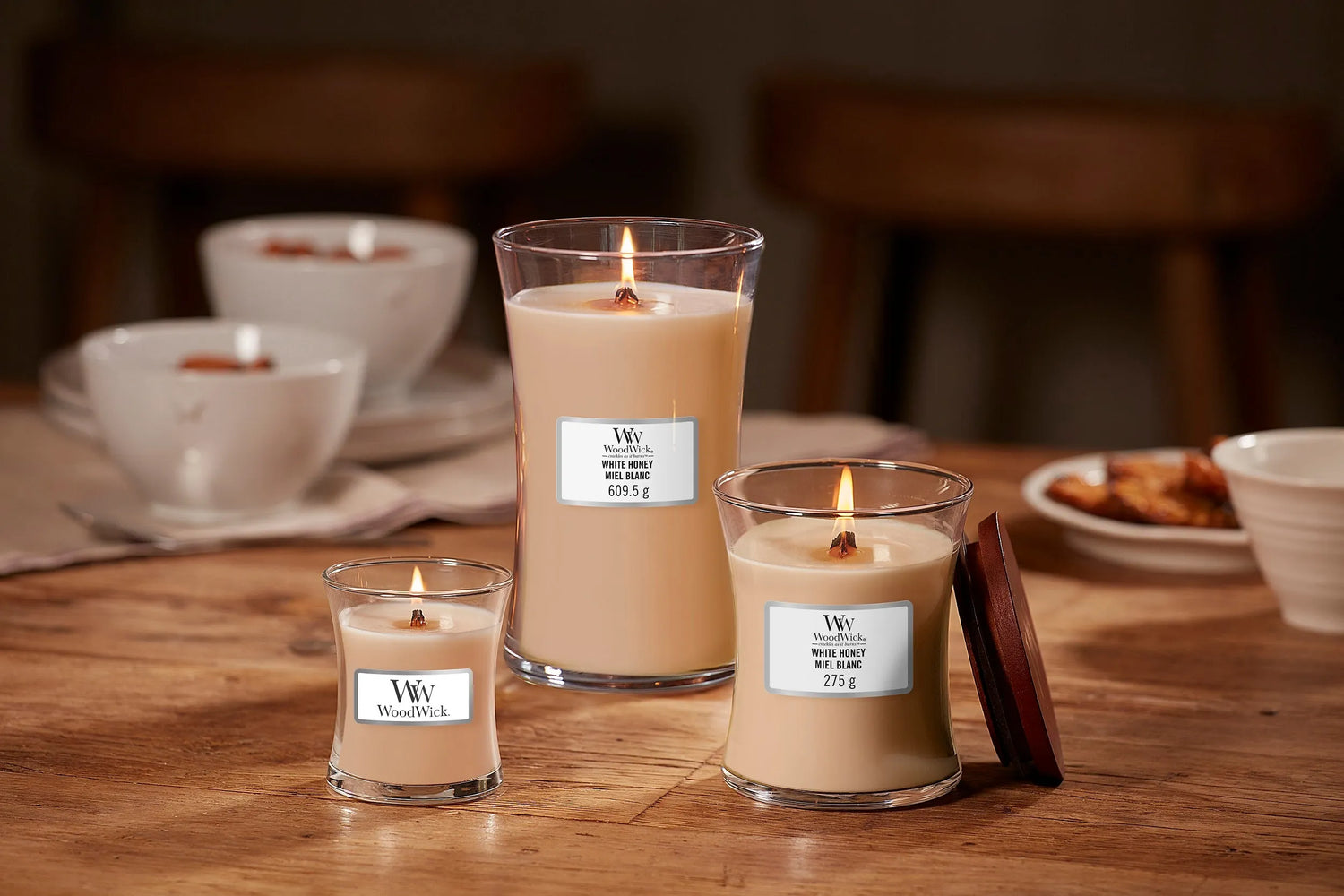 WoodWick knisternde Kerze, White Honey, Medium bis zu 60 Std Brenndauer