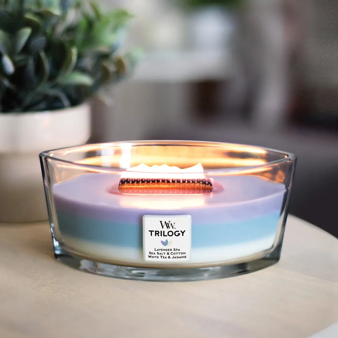 WoodWick Kerze Calming Retreat Trilogy Ellipse mit knisterndem Docht, bis zu 50 Std Brenndauer