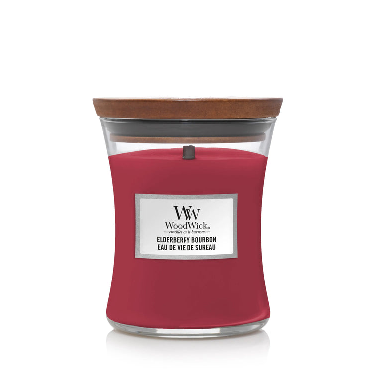 WoodWick knisternde Kerze Elderberry Bourbon Medium bis zu 60 Std Brenndauer, mit knisternden Docht
