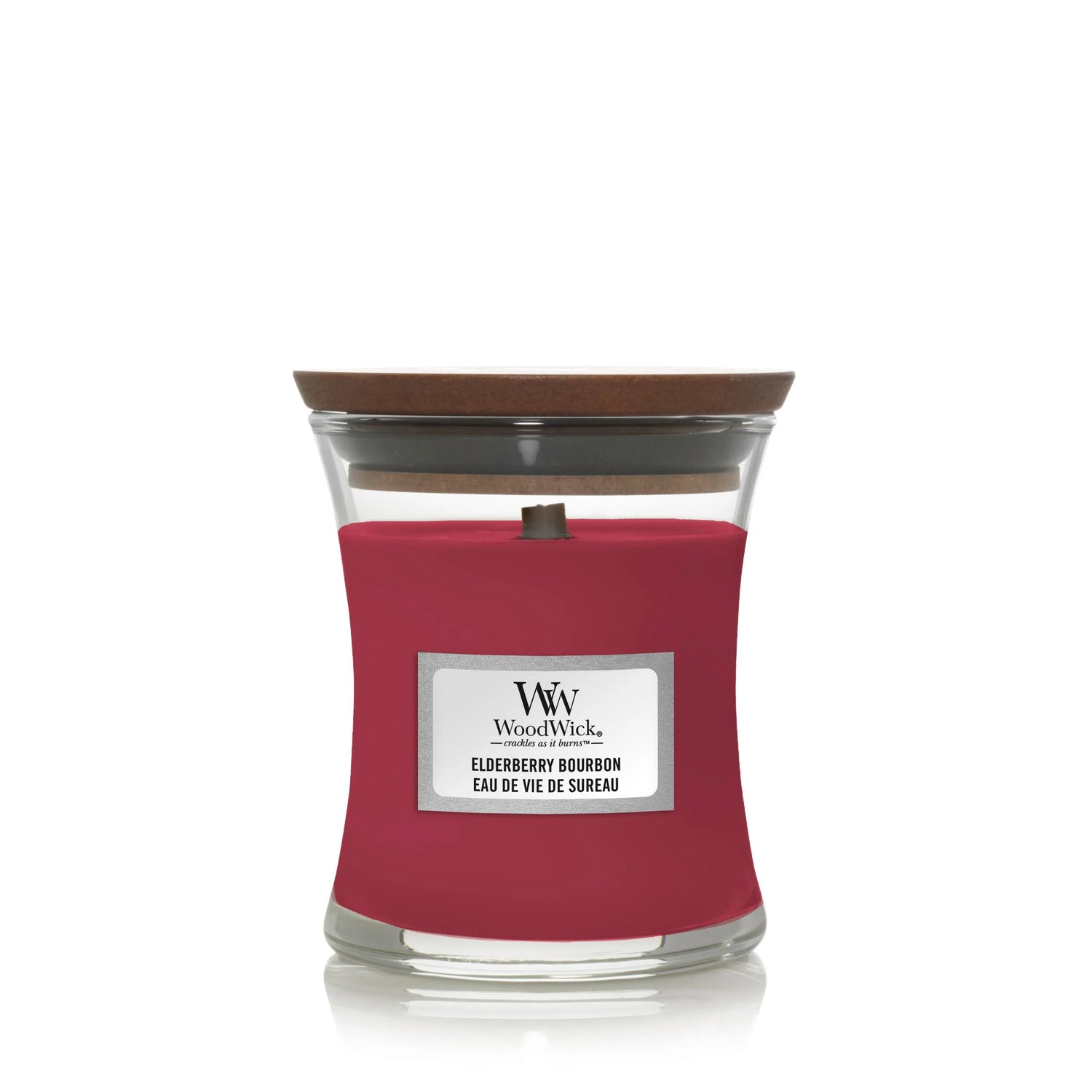 WoodWick Kerze Elderberry Bourbon mini mit knisterndem Docht, Brenndauer bis zu 20Std