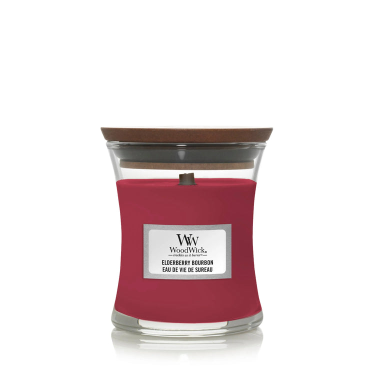 WoodWick Kerze Elderberry Bourbon mini mit knisterndem Docht, Brenndauer bis zu 20Std