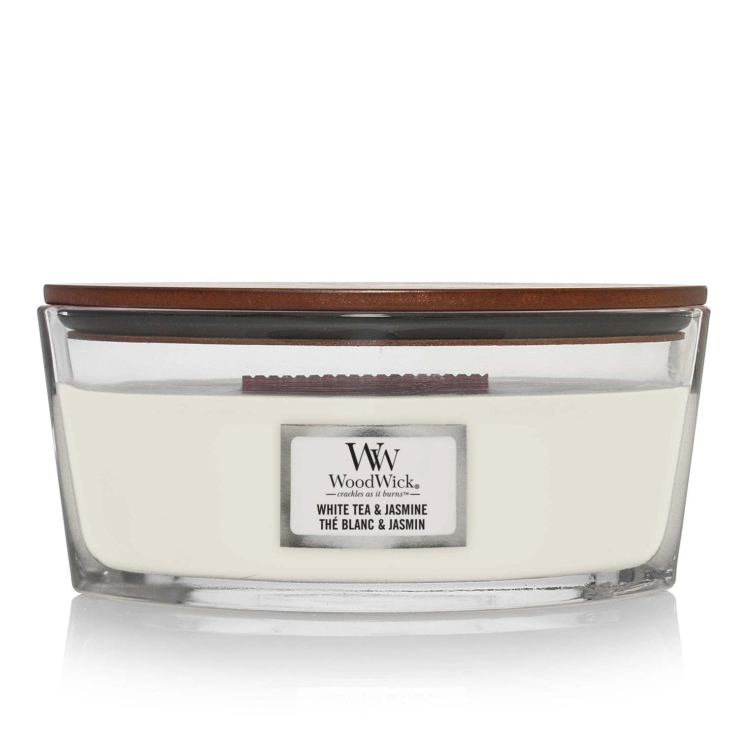 WoodWick Duftkerze Ellipse white Tea Jasmin mit knisterdem Docht, bis zu 50 Std Brenndauer