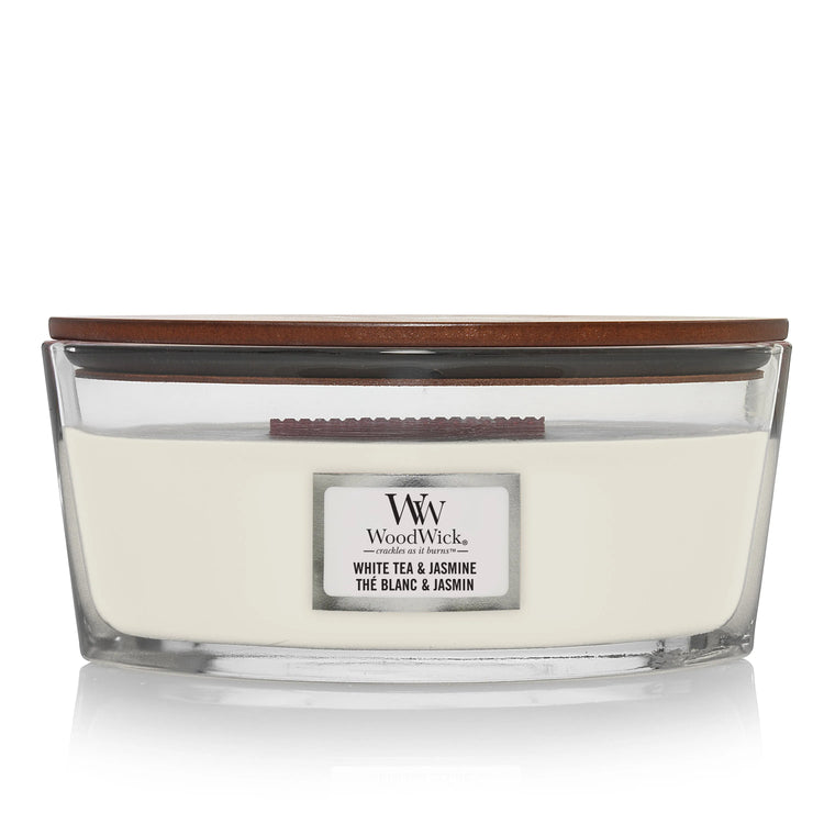 WoodWick Duftkerze Ellipse white Tea Jasmin mit knisterdem Docht, bis zu 50 Std Brenndauer