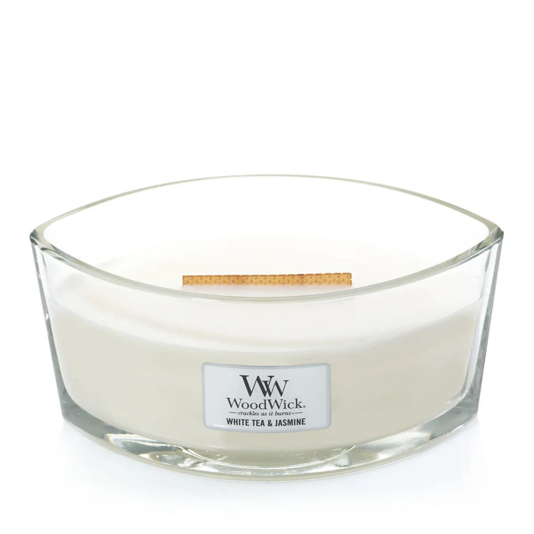 WoodWick Duftkerze Ellipse white Tea Jasmin mit knisterdem Docht, bis zu 50 Std Brenndauer