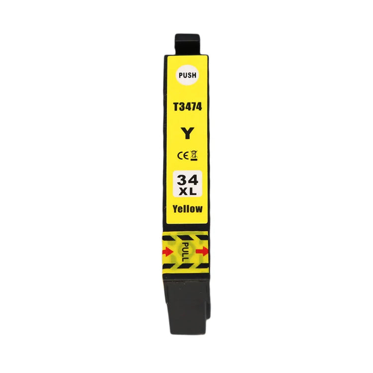 Gelbe XL-Tintenpatrone mit der Beschriftung „t3474 y“, „34 XL“ und verschiedenen Symbolen, kompatibel mit Workforce Pro WF-3720, auf weißem Hintergrund.