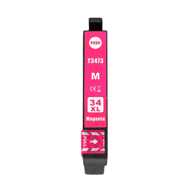 Eine magentafarbene Tintenpatrone mit der Aufschrift „4 XXL kompatible Druckerpatronen von Wechselfaul als Ersatz für Epson 34XL T3476“, geeignet für Workforce Pro WF-3720, mit „Push“-Anweisungen und einer Umwelt-CE-Kennzeichnung, isoliert auf Weiß.