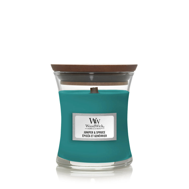 WoodWick Kerze Juniper & Spruce mini mit knisterndem Docht, Brenndauer bis zu 20Std
