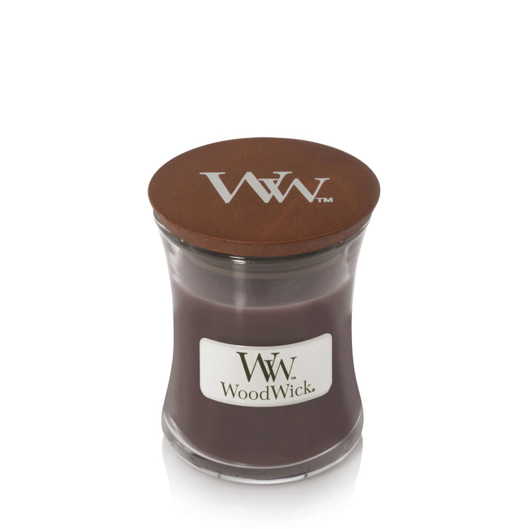 WoodWick Kerze Suede & Sandalwood mini 85g mit knisterndem Docht, bis zu 20Std. Brenndauer