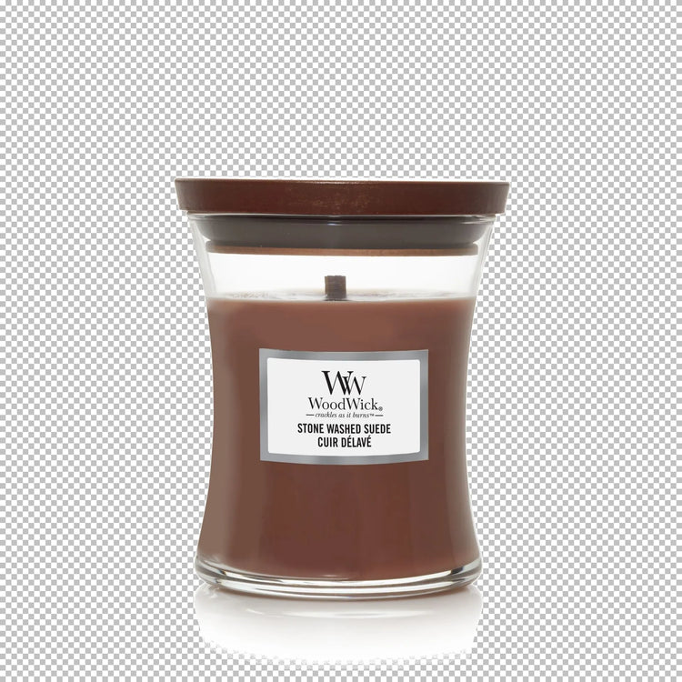 WoodWick Stone Washed Suede ,knisternde Kerze Medium, 275g Brenndauer bis zu 60 Std